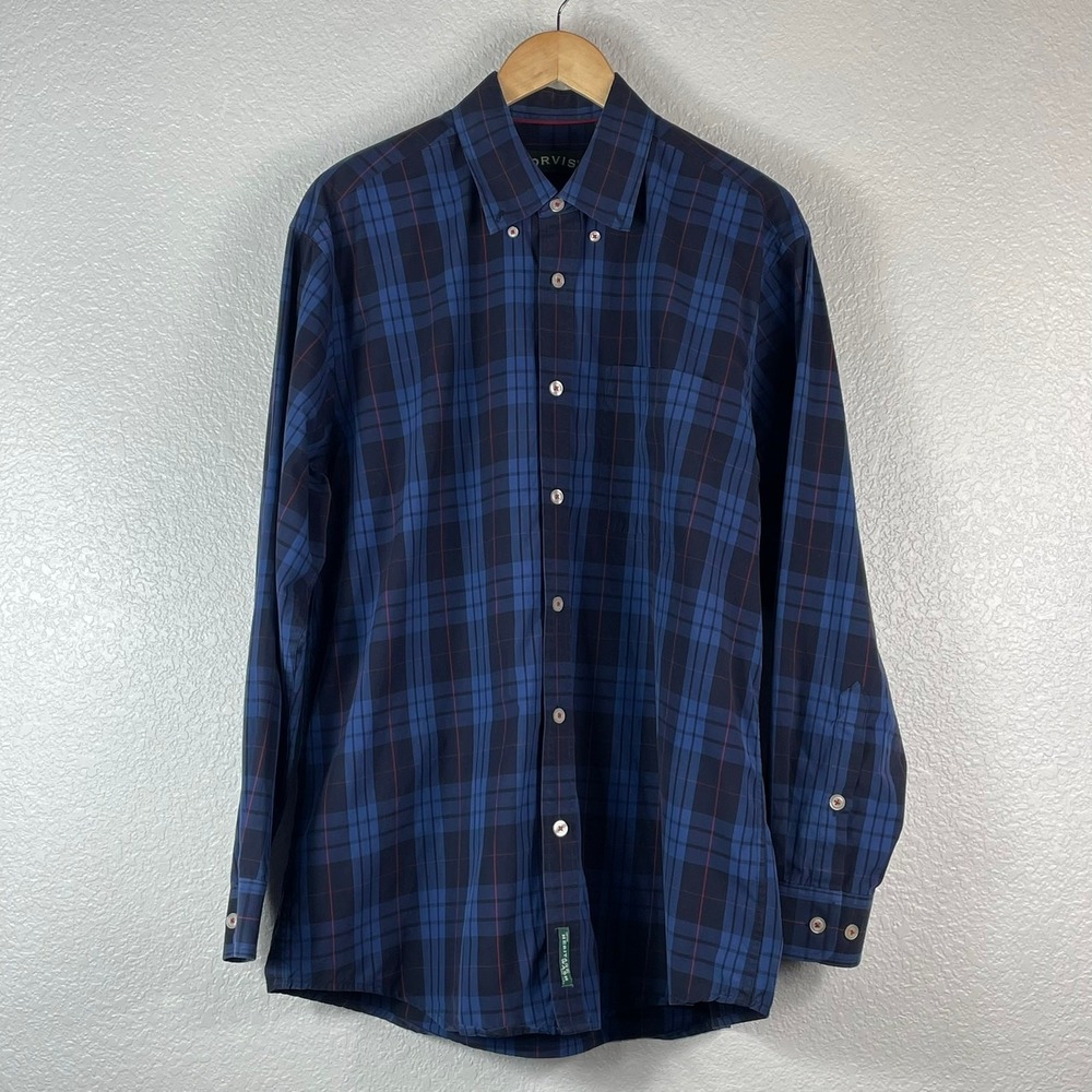 Orvis Men's Dark Blue Plaid Button Up Shirt Long Sleeves Size L Cotton Heritage